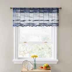 HLC.ME Faux Linen Curtains Broadway Striped Sheer Valance - Navy Blue