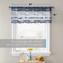 HLC.ME Faux Linen Curtains Broadway Striped Sheer Valance - Navy Blue