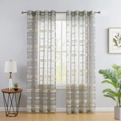 HLC.ME Sheer Curtains Broadway Stripe Sheer Grommet Panels - Beige - Set Of 2