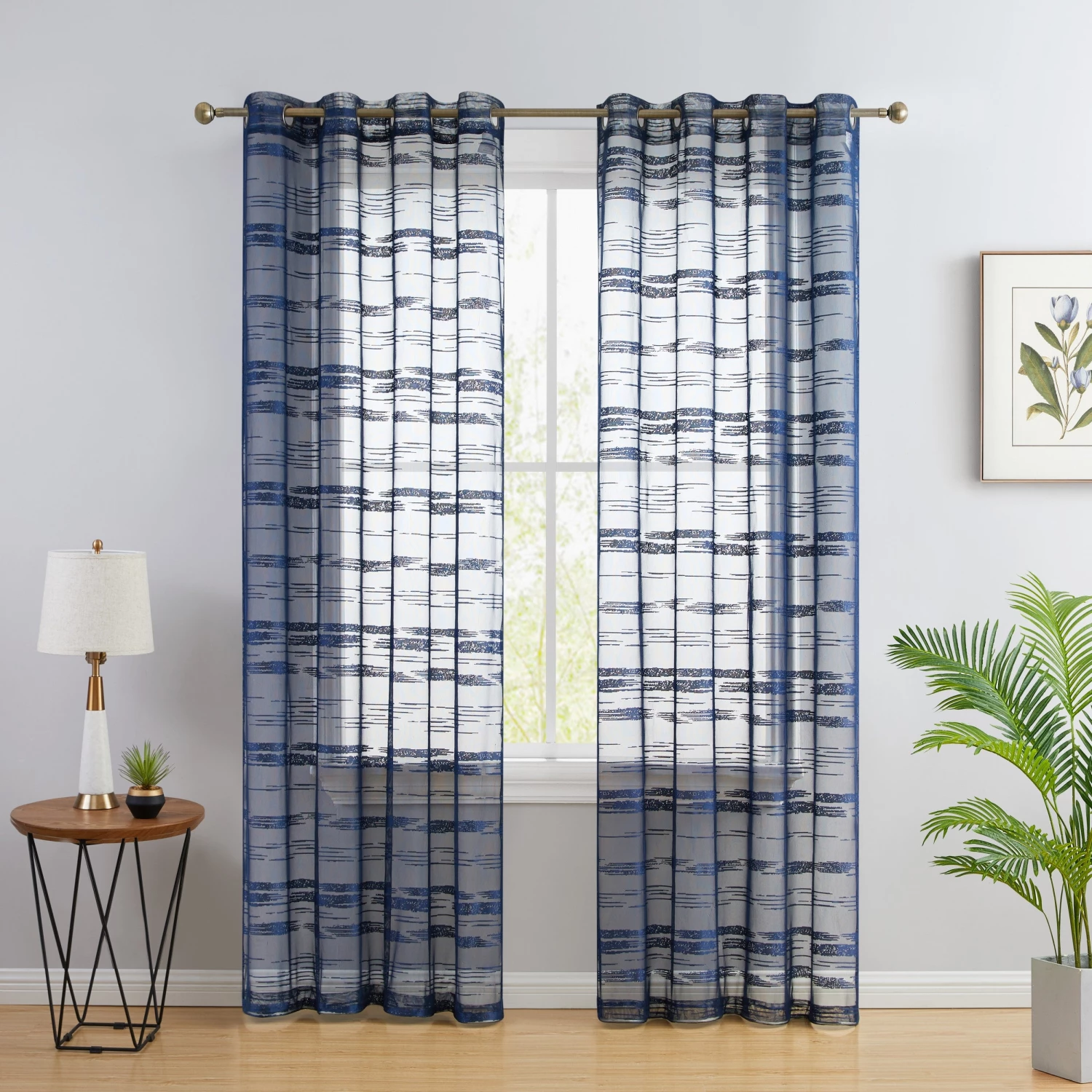 HLC.ME Broadway Stripe Sheer Grommet Panels - Navy Blue - Set Of 2 3 HLC.ME Broadway Stripe Sheer Grommet Panels - Navy Blue - Set Of 2