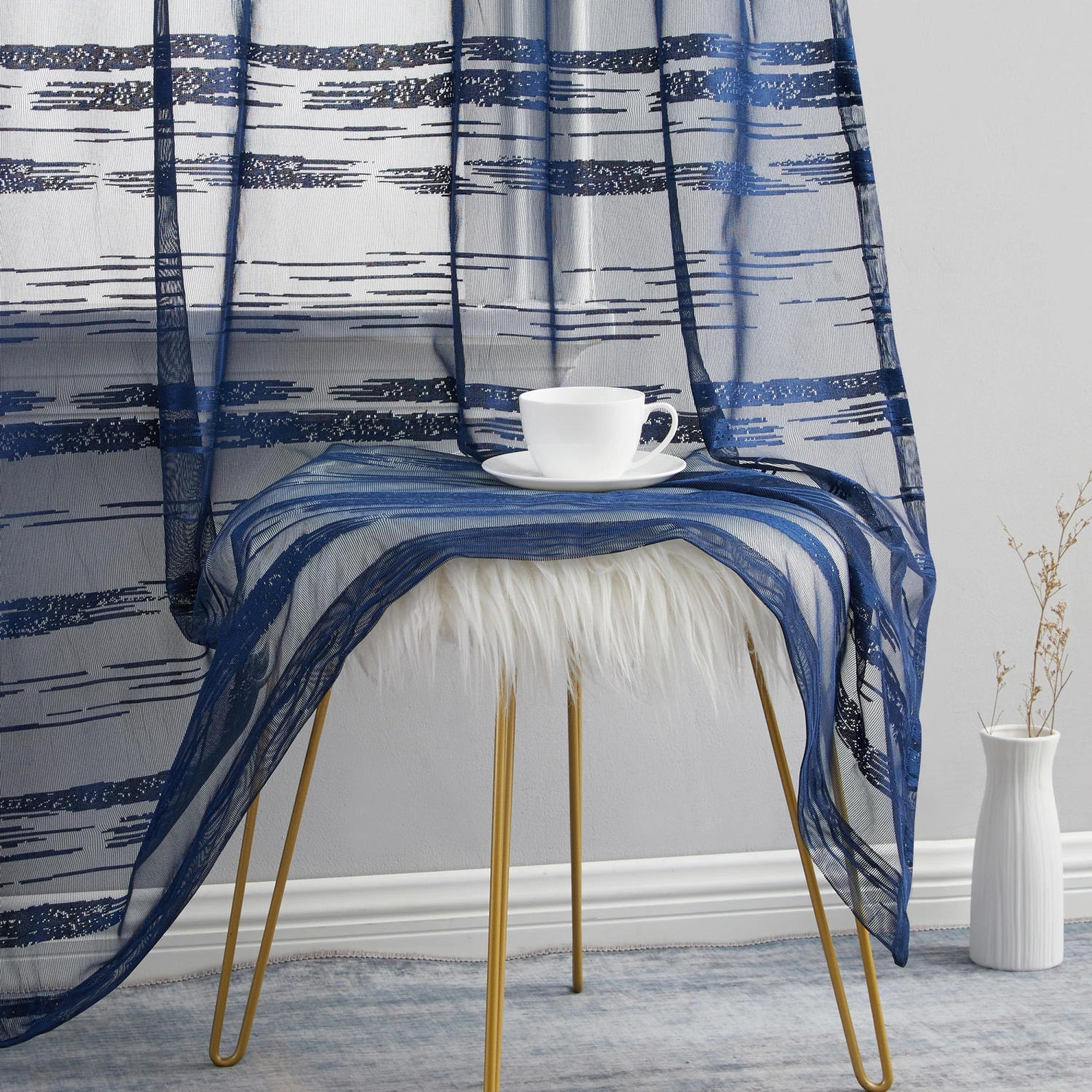 HLC.ME Broadway Stripe Sheer Grommet Panels - Navy Blue - Set Of 2 6 HLC.ME Broadway Stripe Sheer Grommet Panels - Navy Blue - Set Of 2