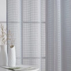 HLC.ME Faux Linen Curtains Buffalo Check Gingham 3PC Kitchen Curtain Set - Grey