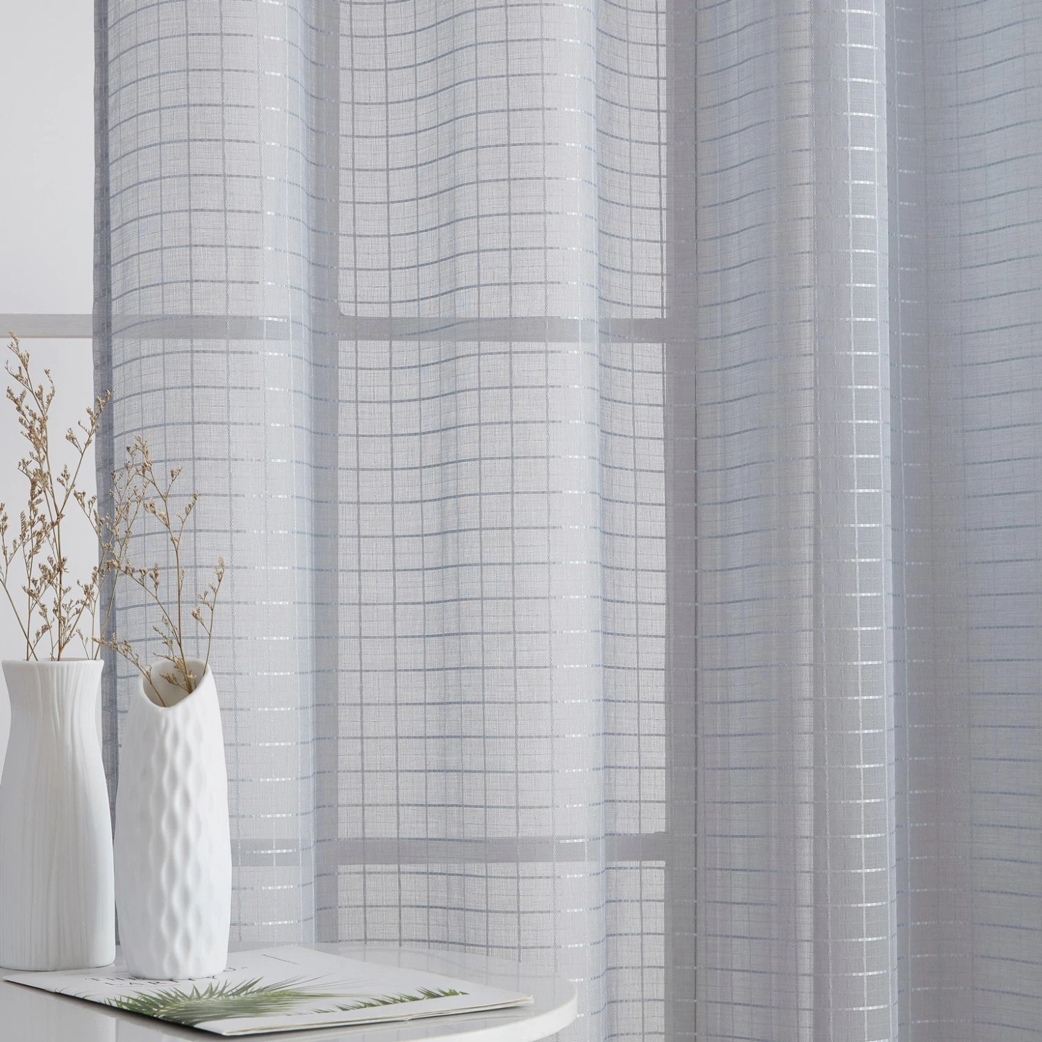 HLC.ME Faux Linen Curtains Buffalo Check Gingham 3PC Kitchen Curtain Set - Grey 4 HLC.ME Faux Linen Curtains Buffalo Check Gingham 3PC Kitchen Curtain Set - Grey