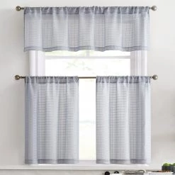 HLC.ME Faux Linen Curtains Buffalo Check Gingham 3PC Kitchen Curtain Set - Grey