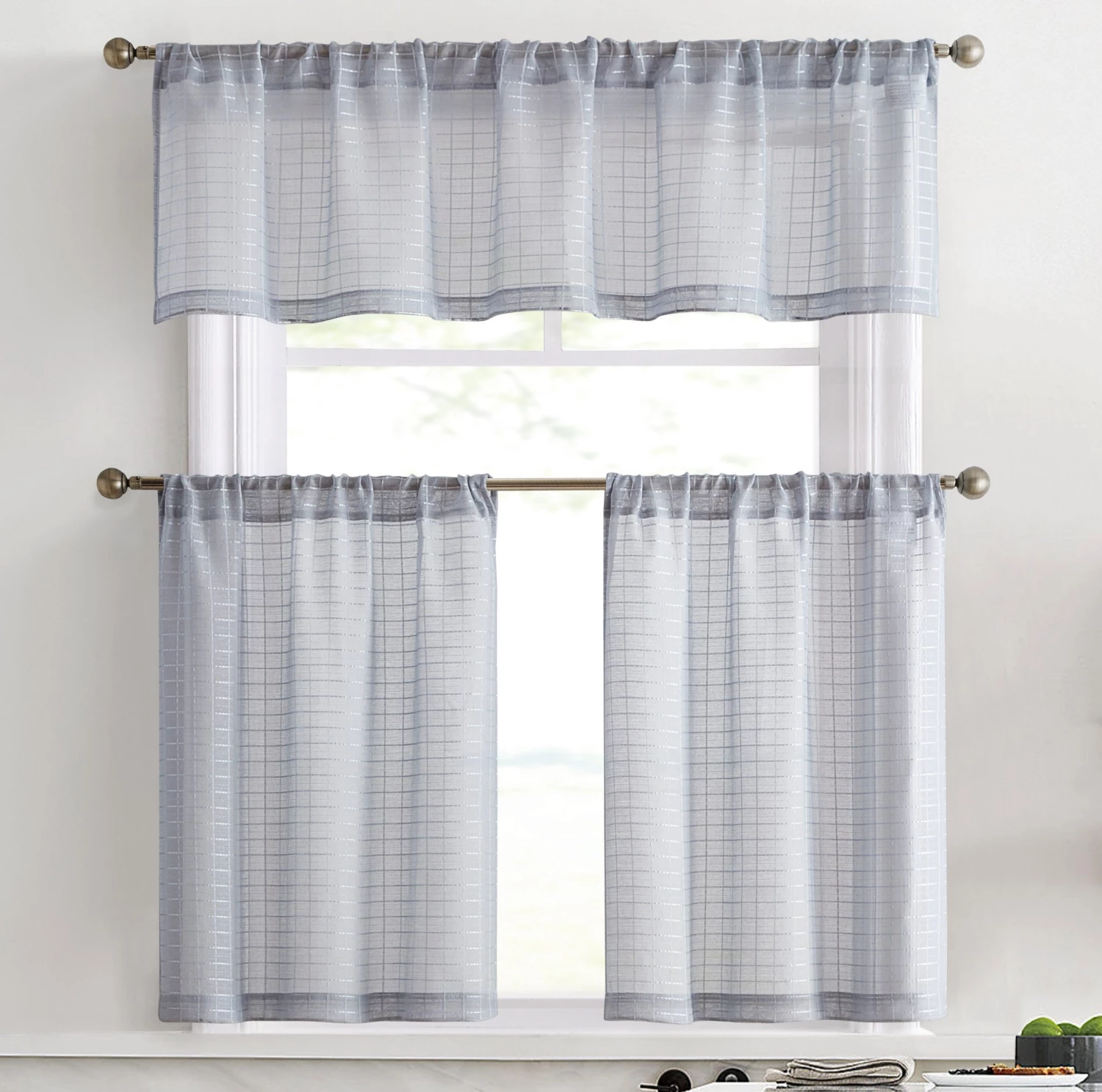 HLC.ME Faux Linen Curtains Buffalo Check Gingham 3PC Kitchen Curtain Set - Grey 3 HLC.ME Faux Linen Curtains Buffalo Check Gingham 3PC Kitchen Curtain Set - Grey