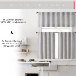 HLC.ME Camden Jacquard 100% Blackout Back Tab Valance - Light Grey Faux Linen Curtains