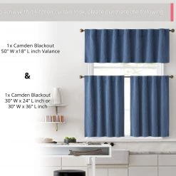 HLC.ME Faux Linen Curtains Camden Jacquard 100% Blackout Back Tab Tiers - Navy Blue - Set Of 2