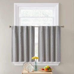 HLC.ME Faux Linen Curtains Camden Jacquard 100% Blackout Back Tab Tiers - Charcoal Grey - Set Of 2
