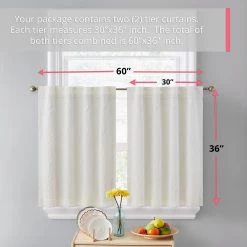 HLC.ME Faux Linen Curtains Camden Jacquard 100% Blackout Back Tab Tiers - Ivory - Set Of 2