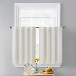 HLC.ME Faux Linen Curtains Camden Jacquard 100% Blackout Back Tab Tiers - Ivory - Set Of 2