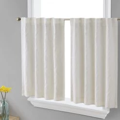HLC.ME Faux Linen Curtains Camden Jacquard 100% Blackout Back Tab Tiers - Ivory - Set Of 2