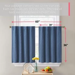 HLC.ME Faux Linen Curtains Camden Jacquard 100% Blackout Back Tab Tiers - Navy Blue - Set Of 2