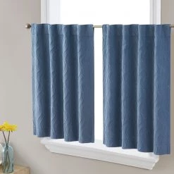 HLC.ME Faux Linen Curtains Camden Jacquard 100% Blackout Back Tab Tiers - Navy Blue - Set Of 2
