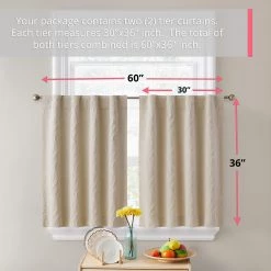 HLC.ME Camden Jacquard 100% Blackout Back Tab Tiers - Taupe - Set Of 2 Faux Linen Curtains