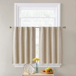 HLC.ME Camden Jacquard 100% Blackout Back Tab Tiers - Taupe - Set Of 2 Faux Linen Curtains