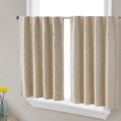HLC.ME Camden Jacquard 100% Blackout Back Tab Tiers - Taupe - Set Of 2 Faux Linen Curtains