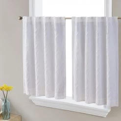 HLC.ME Camden Jacquard 100% Blackout Back Tab Tiers - White - Set Of 2 Faux Linen Curtains