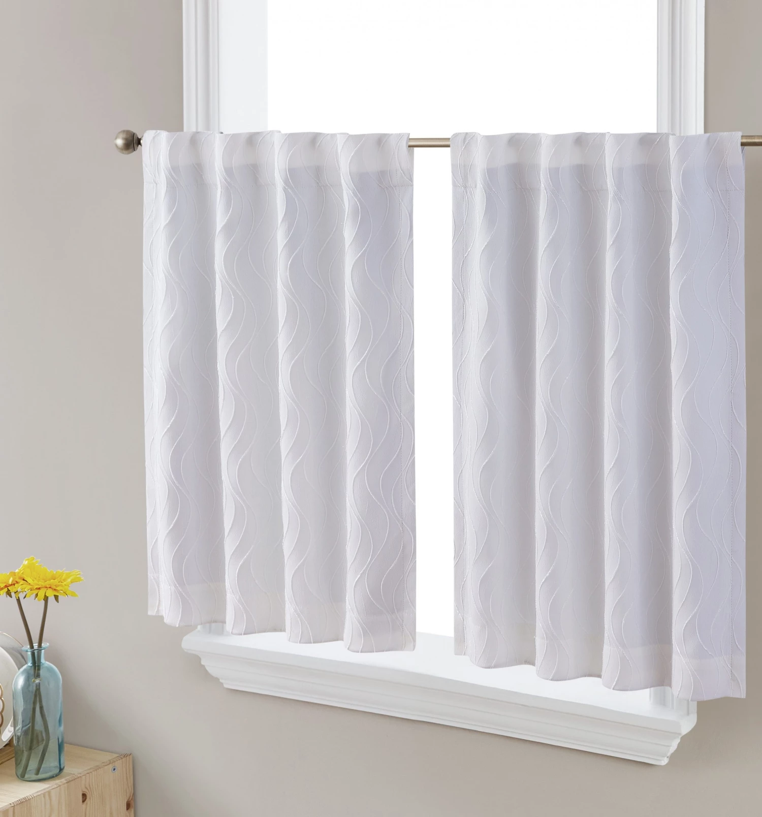 HLC.ME Camden Jacquard 100% Blackout Back Tab Tiers - White - Set Of 2 Faux Linen Curtains 3 HLC.ME Camden Jacquard 100% Blackout Back Tab Tiers - White - Set Of 2 Faux Linen Curtains