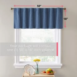 HLC.ME Faux Linen Curtains Camden Jacquard 100% Blackout Back Tab Valance - Marine/Navy Blue
