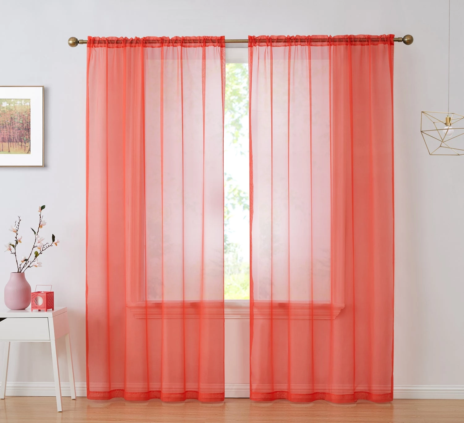 HLC.ME Lucento Sheer Rod Pocket Curtain Panels - Coral Pink - Set Of 2 3 HLC.ME Lucento Sheer Rod Pocket Curtain Panels - Coral Pink - Set Of 2