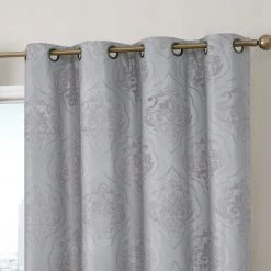 HLC.ME Damask Flocked 100% Blackout Grommet Curtain Panels - Grey - Set Of 2