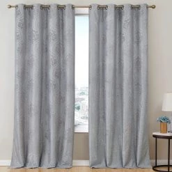 HLC.ME Damask Flocked 100% Blackout Grommet Curtain Panels - Grey - Set Of 2