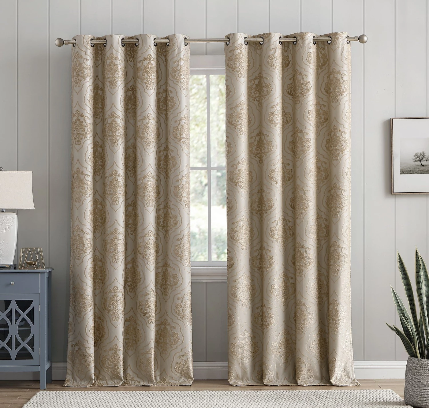 HLC.ME Damask Flocked 100% Blackout Grommet Curtain Panels - Taupe - Set Of 2 4 HLC.ME Damask Flocked 100% Blackout Grommet Curtain Panels - Taupe - Set Of 2