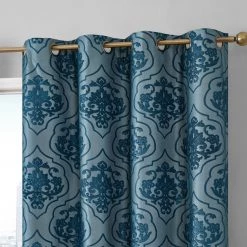 HLC.ME Room-Darkening Curtains Damask Flocked 100% Blackout Grommet Curtain Panels - Teal - Set Of 2