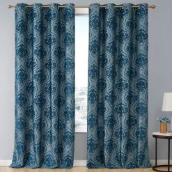 HLC.ME Room-Darkening Curtains Damask Flocked 100% Blackout Grommet Curtain Panels - Teal - Set Of 2