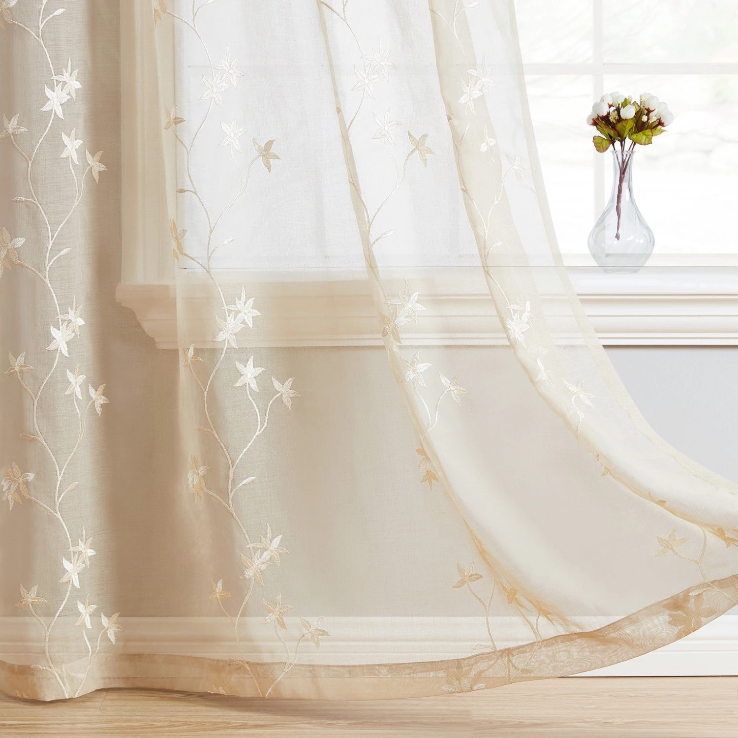 HLC.ME Emma Floral Sheer Grommet Curtain Panels - Beige - Set Of 2 5 HLC.ME Emma Floral Sheer Grommet Curtain Panels - Beige - Set Of 2