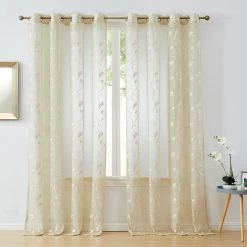 HLC.ME Emma Floral Sheer Grommet Curtain Panels - Beige - Set Of 2