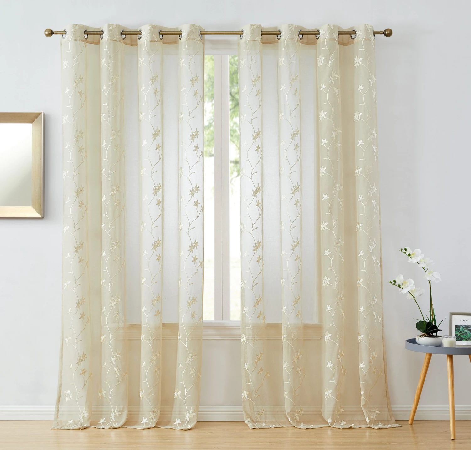 HLC.ME Emma Floral Sheer Grommet Curtain Panels - Beige - Set Of 2 4 HLC.ME Emma Floral Sheer Grommet Curtain Panels - Beige - Set Of 2
