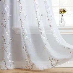 HLC.ME Emma Floral Sheer Grommet Curtain Panels - Taupe/White - Set Of 2 Sheer Curtains
