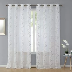 HLC.ME Emma Floral Sheer Grommet Curtain Panels - Taupe/White - Set Of 2 Sheer Curtains