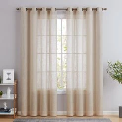 HLC.ME Abbey Faux Linen Grommet Curtain Panels - Beige - Set Of 2