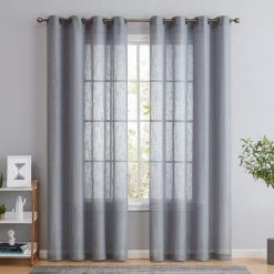 HLC.ME Abbey Faux Linen Grommet Curtain Panels - Grey - Set Of 2
