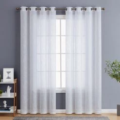 HLC.ME Abbey Faux Linen Grommet Curtain Panels - White - Set Of 2 Faux Linen Curtains