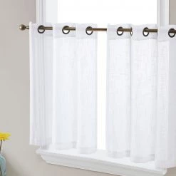HLC.ME Abbey Faux Linen Grommet Cafe Tiers - White - Set Of 2 Faux Linen Curtains