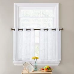 HLC.ME Abbey Faux Linen Grommet Cafe Tiers - White - Set Of 2 Faux Linen Curtains