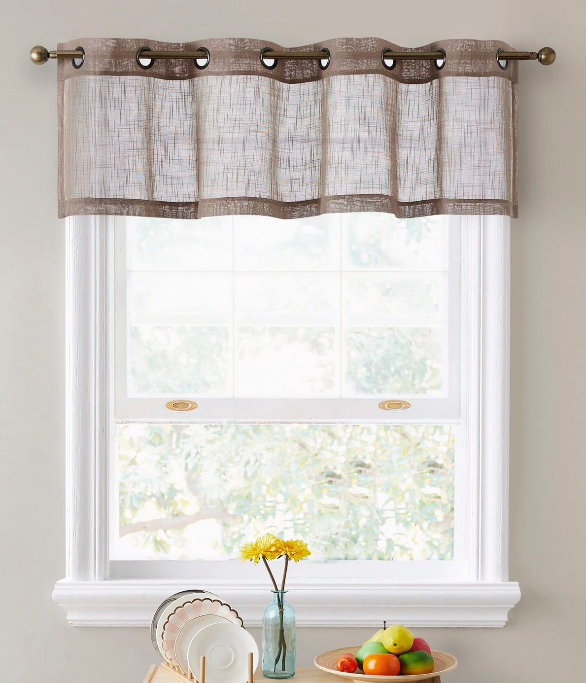 HLC.ME Faux Linen Curtains Abbey Faux Linen Grommet Curtain Valance - Taupe 3 HLC.ME Faux Linen Curtains Abbey Faux Linen Grommet Curtain Valance - Taupe