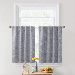 HLC.ME Faux Linen Curtains Franklin Moroccan Trellis 100% Blackout Back Tab Tiers - Light Grey - Set Of 2