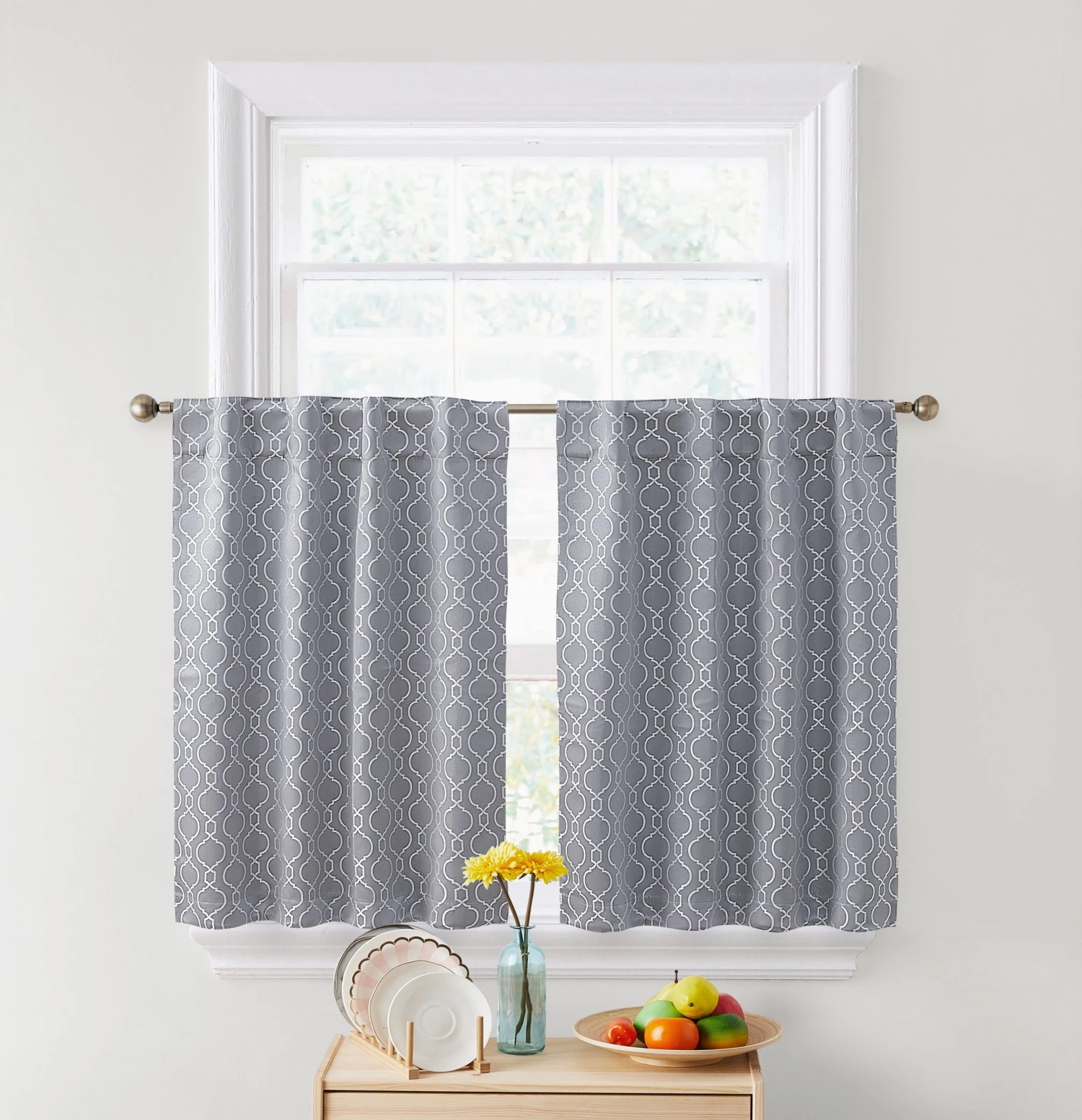 HLC.ME Faux Linen Curtains Franklin Moroccan Trellis 100% Blackout Back Tab Tiers - Light Grey - Set Of 2 4 HLC.ME Faux Linen Curtains Franklin Moroccan Trellis 100% Blackout Back Tab Tiers - Light Grey - Set Of 2