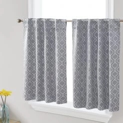 HLC.ME Faux Linen Curtains Franklin Moroccan Trellis 100% Blackout Back Tab Tiers - Light Grey - Set Of 2
