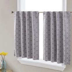 HLC.ME Franklin Moroccan Trellis 100% Blackout Back Tab Tiers - Grey - Set Of 2 Faux Linen Curtains
