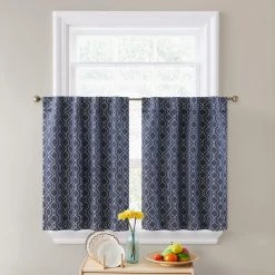 HLC.ME Franklin Moroccan Trellis 100% Blackout Back Tab Tiers - Navy Blue - Set Of 2