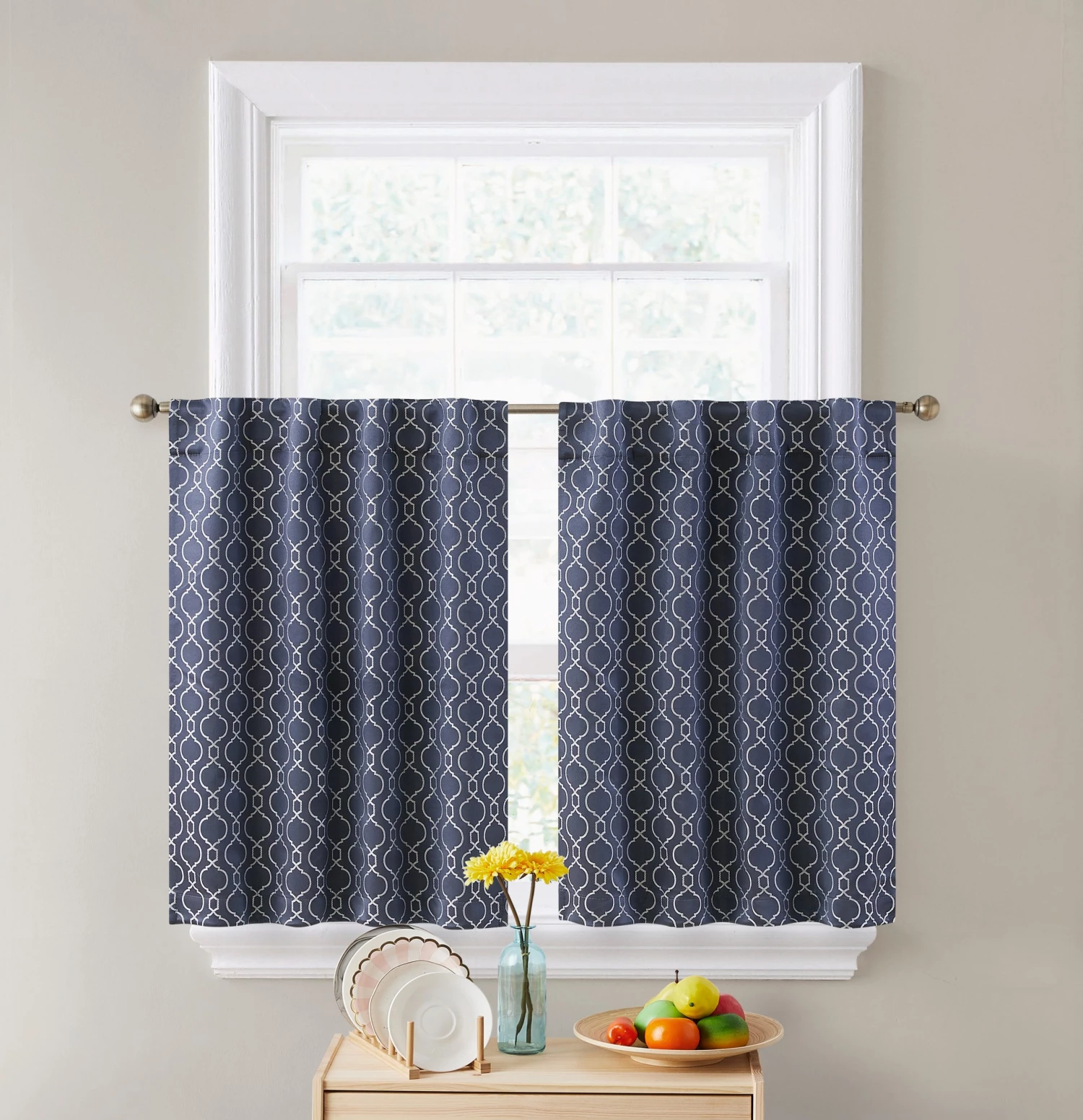 HLC.ME Franklin Moroccan Trellis 100% Blackout Back Tab Tiers - Navy Blue - Set Of 2 4 HLC.ME Franklin Moroccan Trellis 100% Blackout Back Tab Tiers - Navy Blue - Set Of 2