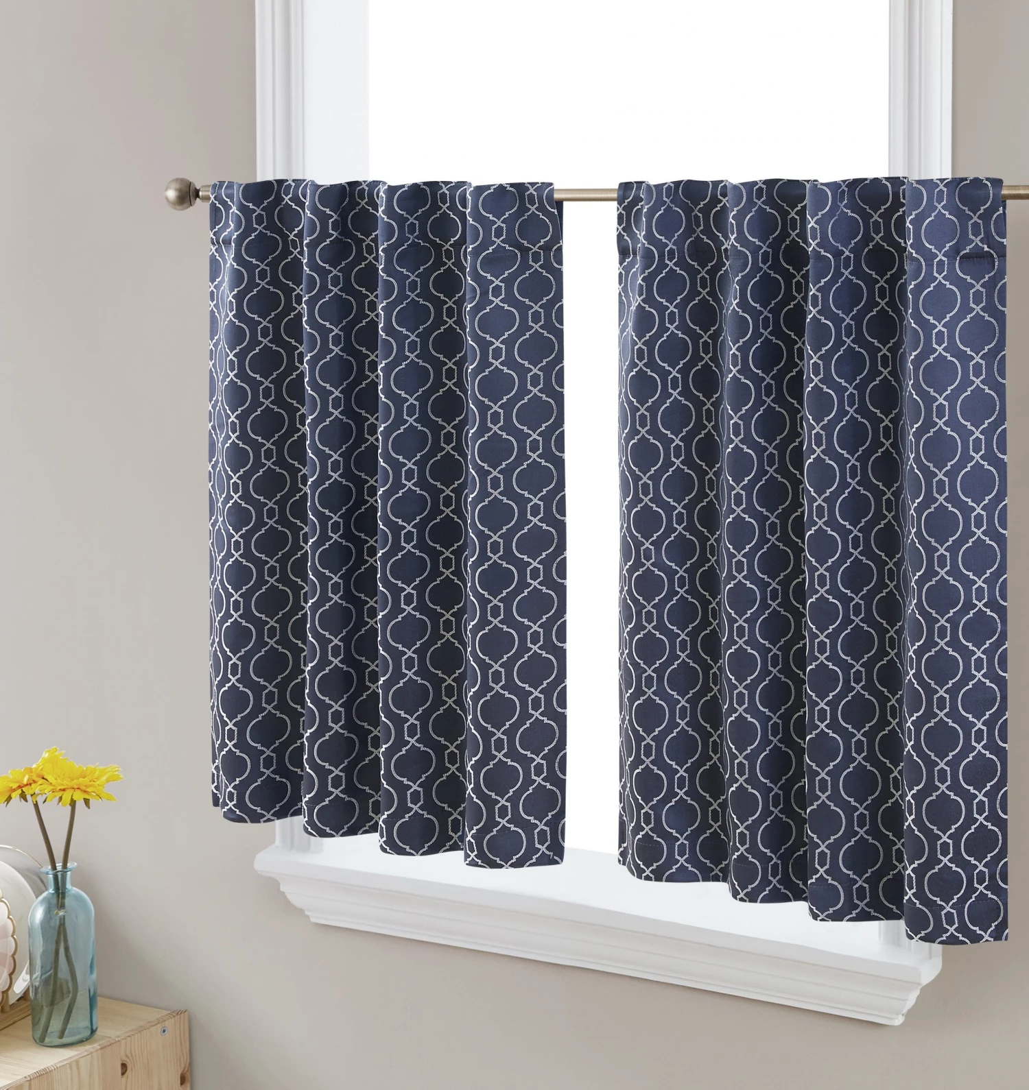 HLC.ME Franklin Moroccan Trellis 100% Blackout Back Tab Tiers - Navy Blue - Set Of 2 3 HLC.ME Franklin Moroccan Trellis 100% Blackout Back Tab Tiers - Navy Blue - Set Of 2