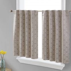 HLC.ME Franklin Moroccan Trellis 100% Blackout Back Tab Tiers - Taupe - Set Of 2