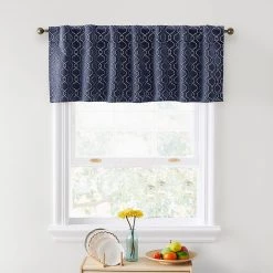 HLC.ME Franklin Moroccan Trellis 100% Blackout Back Tab Valance - Navy Blue Faux Linen Curtains