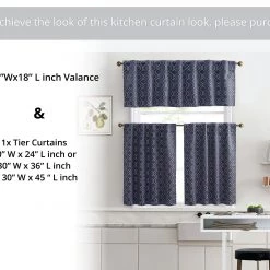 HLC.ME Franklin Moroccan Trellis 100% Blackout Back Tab Valance - Navy Blue Faux Linen Curtains